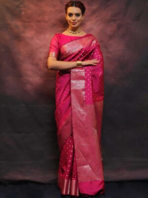 Cottan Saree with Unstitched Blouse in Dark Pink