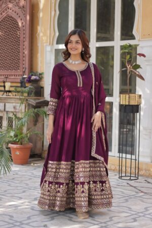 Dark Maroon Shimmer Vichitra Gown