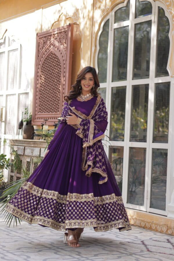 Dark Purple Embroidered Faux Blooming Gown - Image 3
