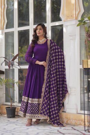 Dark Purple Embroidered Faux Blooming Gown