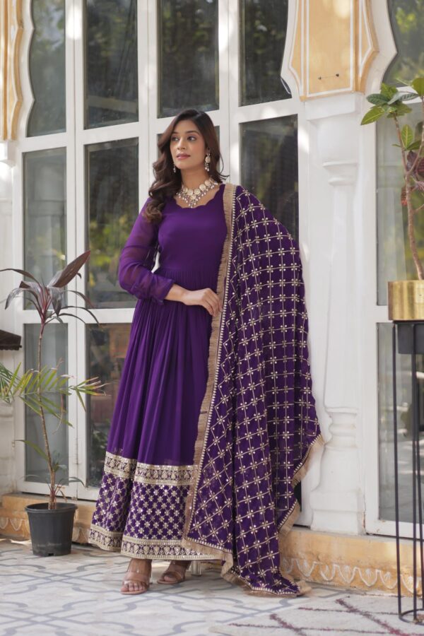 Dark Purple Embroidered Faux Blooming Gown