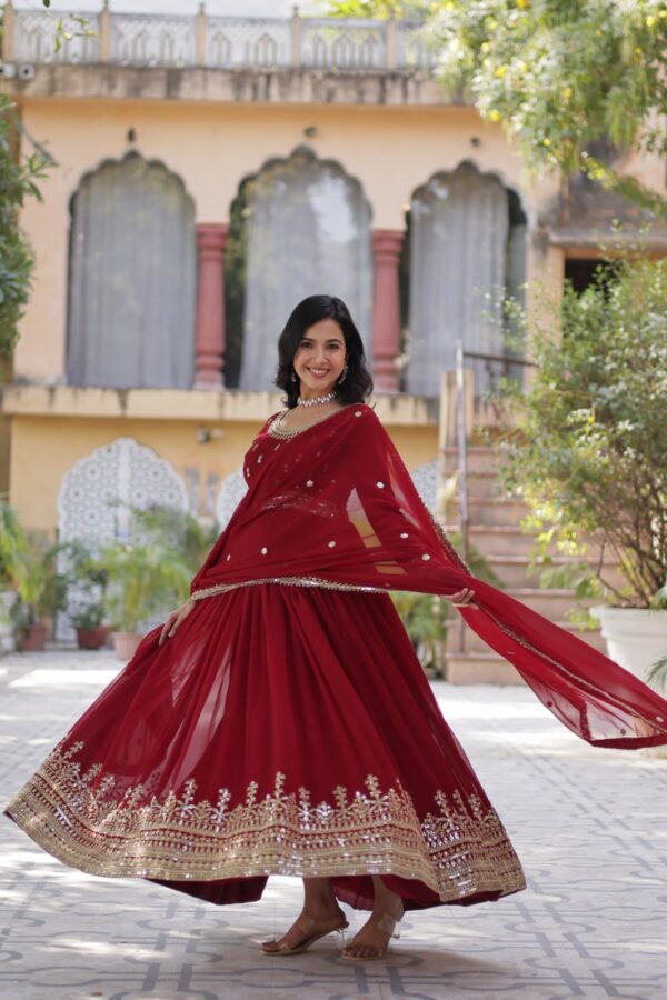 Dark Red Embroidered Faux Blooming Gown - Image 2