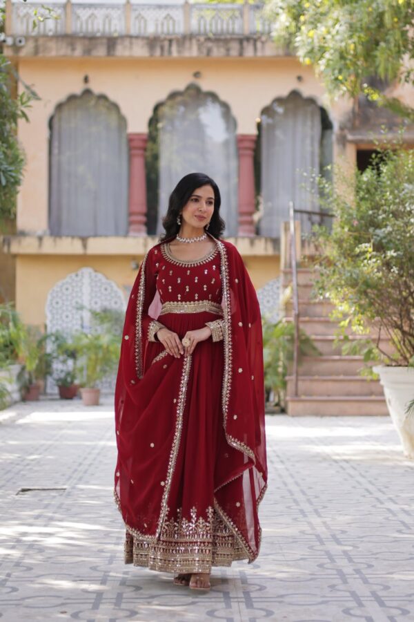 Dark Red Embroidered Faux Blooming Gown - Image 3