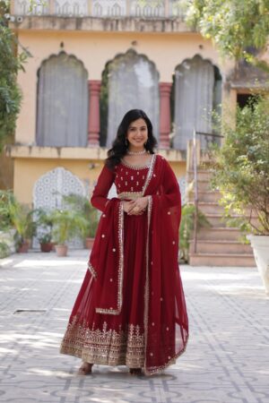 Dark Red Embroidered Faux Blooming Gown