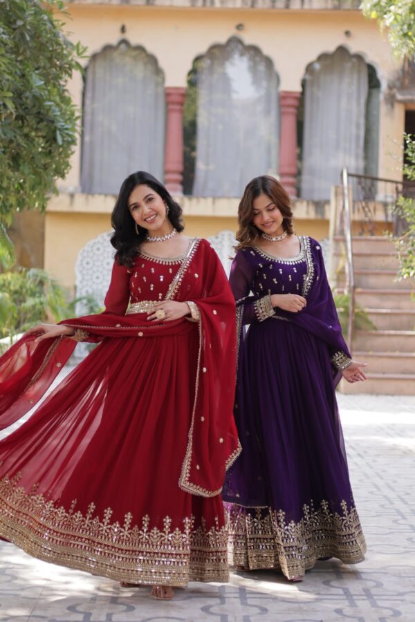 Dark Red Embroidered Faux Blooming Gown 4