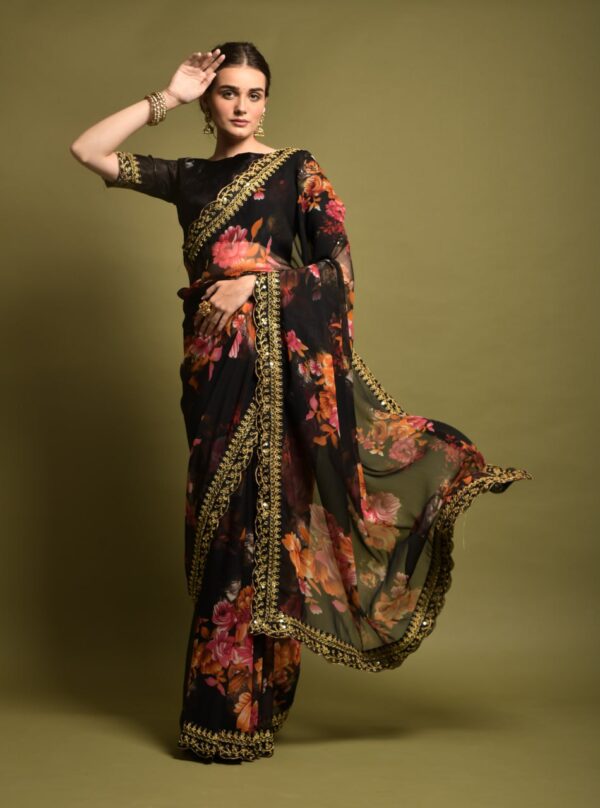 Georgette Saree With Unstitched Blouse Black - Image 3