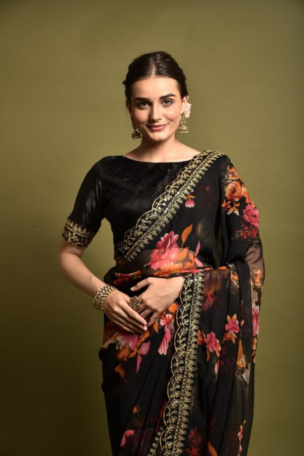Georgette Saree with Unstitched Blouse Black 3