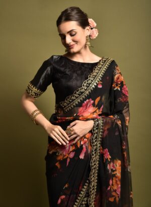Georgette Saree with Unstitched Blouse Black