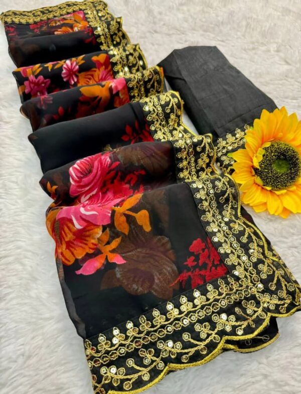 Georgette Saree With Unstitched Blouse Black - Image 5