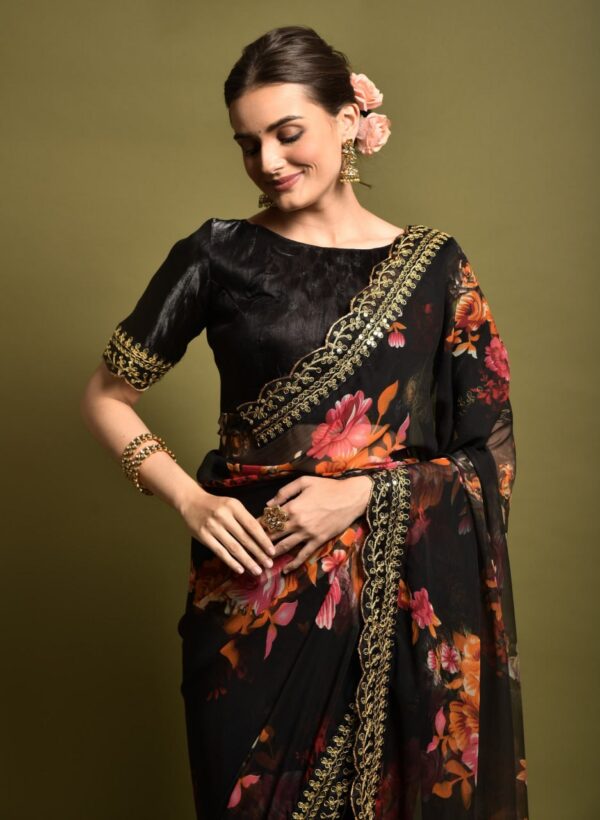 Georgette Saree with Unstitched Blouse Black