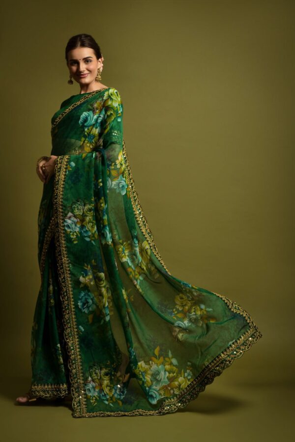 Georgette Saree with Unstitched Green 1