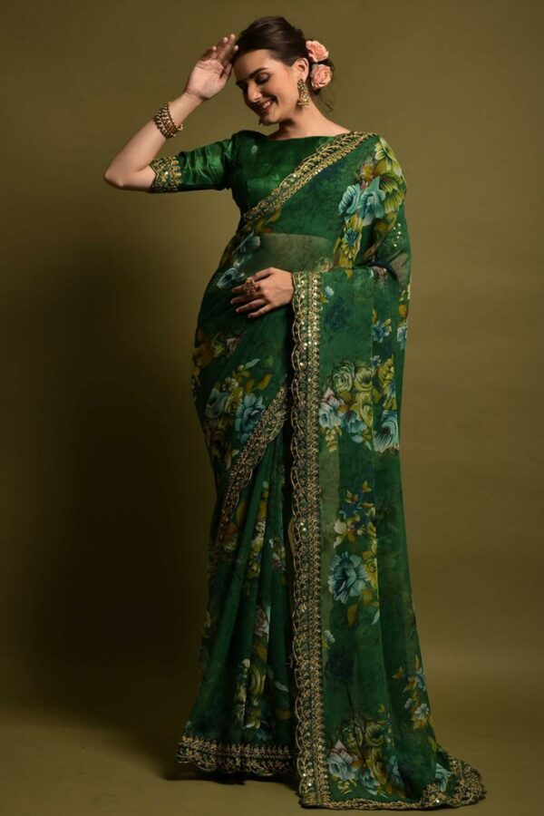 Georgette Saree With Unstitched Blouse Green - Image 3