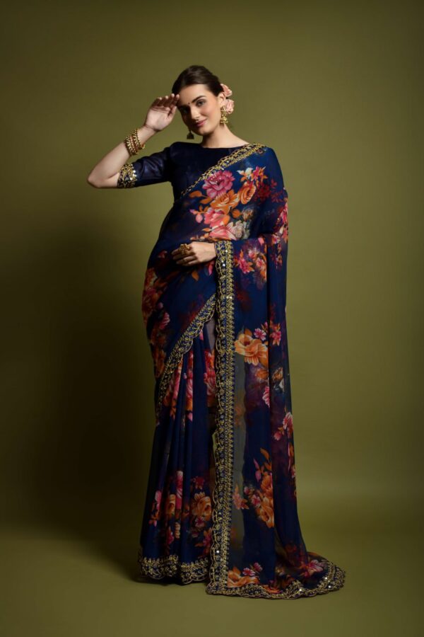 Georgette Saree with Unstitched Navy Blue 2