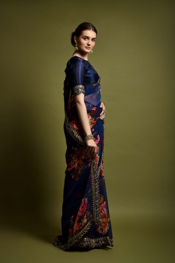 Georgette Saree With Unstitched Blouse Navy Blue - Image 4