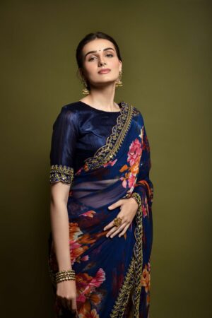 Georgette Saree with Unstitched Navy Blue