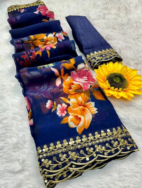 Georgette Saree with Unstitched Navy Blue 4