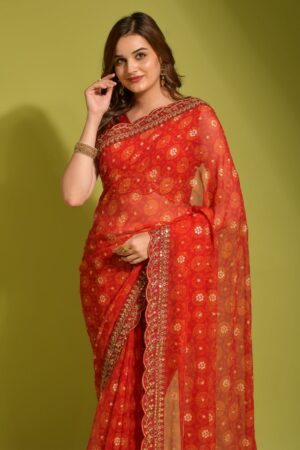 Georgette Saree with Unstitched Orange
