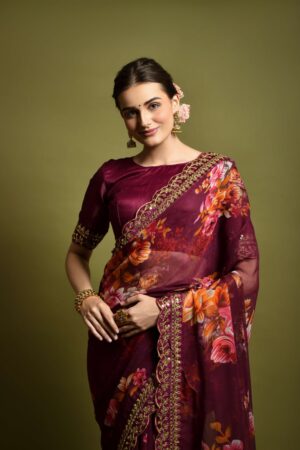 Georgette Saree with Unstitched Rose Maroon
