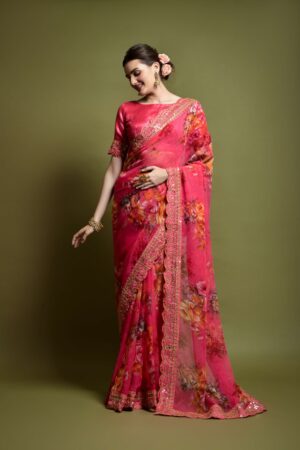 Georgette Saree with Unstitched Rose Pink