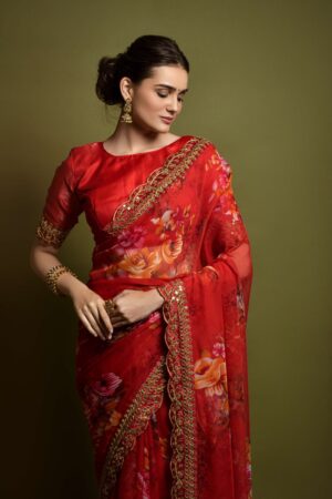 Georgette Saree with Unstitched Rose Red
