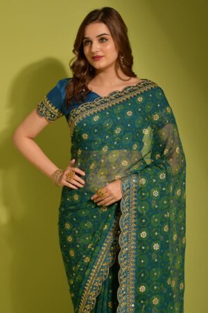 Georgette Saree with Unstitched Teal Green