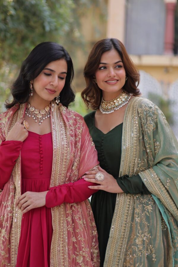 Green Shimmer Vichitra Gown 4
