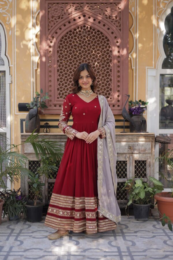 Maroon Embroidered Faux Blooming Gown 1