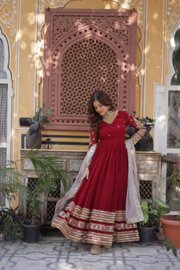 Maroon Embroidered Faux Blooming Gown 2