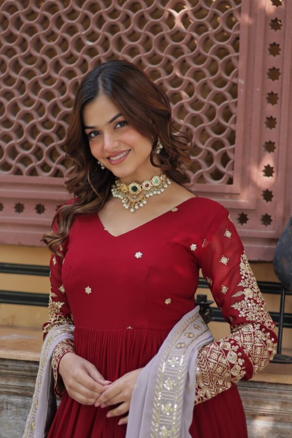 Maroon Embroidered Faux Blooming Gown 3