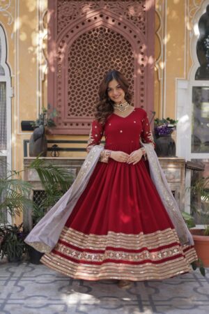 Maroon Embroidered Faux Blooming Gown