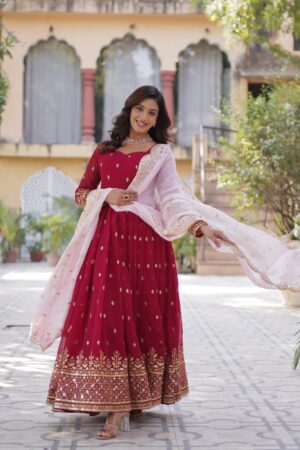 Maroon Sequins Embroidered Georgette Gown