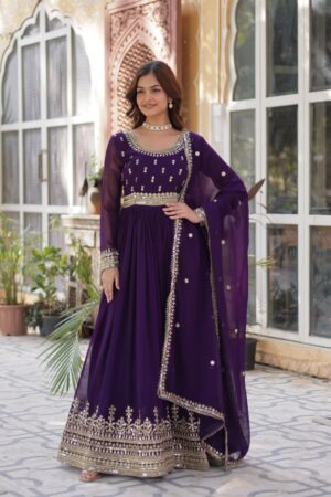 Purple Embroidered Faux Blooming Gown