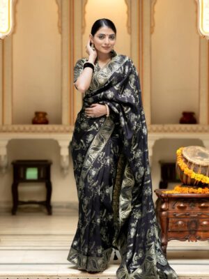 Saree with Unstitched Brocade Blouse in Black
