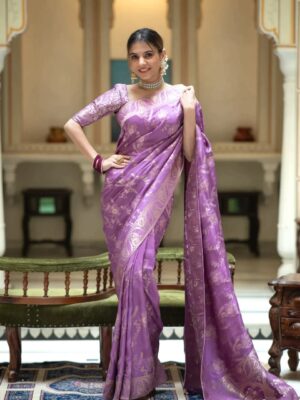 Saree with Unstitched Brocade Blouse in Lavender