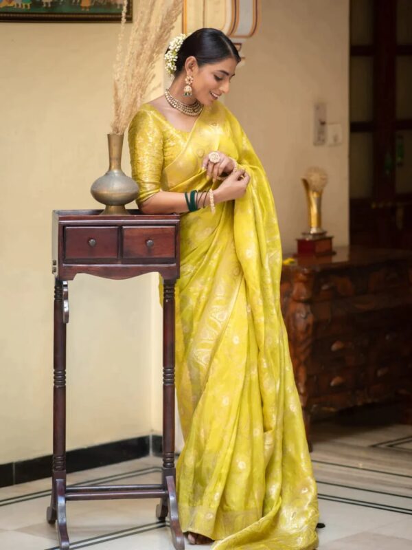 Saree with Unstitched Brocade Blouse in Lemon 1