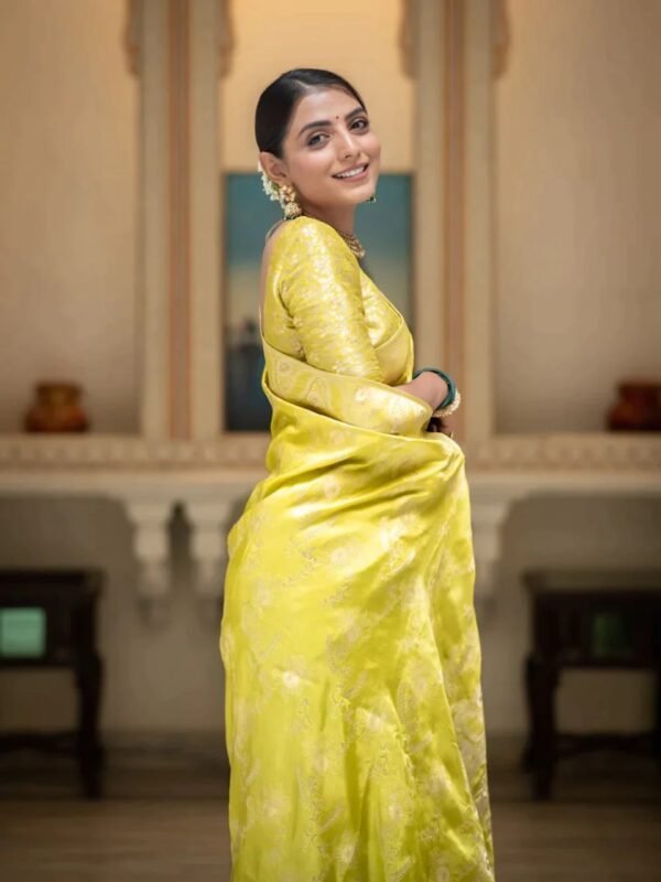 Saree with Unstitched Brocade Blouse in Lemon 2