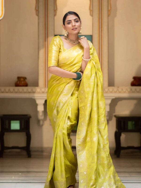Saree with Unstitched Brocade Blouse in Lemon