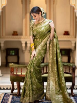 Saree with Unstitched Brocade Blouse in Mahendi