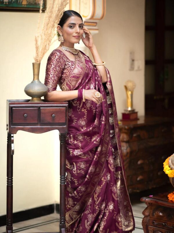Saree with Unstitched Brocade Blouse in Purple 1