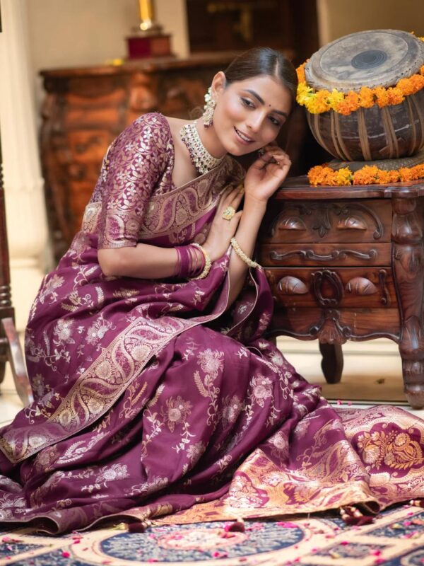 Saree with Unstitched Brocade Blouse in Purple 2