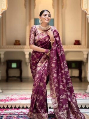 Saree with Unstitched Brocade Blouse in Purple