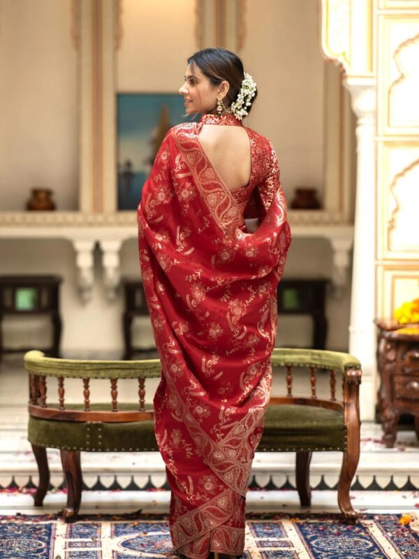 Saree with Unstitched Brocade Blouse in Red 1