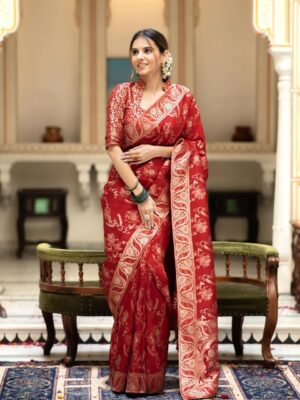 Saree with Unstitched Brocade Blouse in Red
