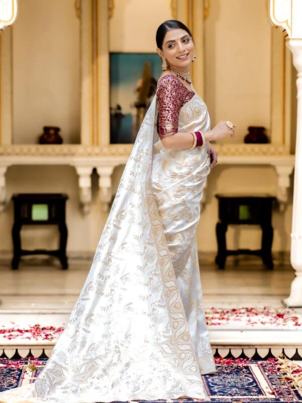 Saree with Unstitched Brocade Blouse in White 2