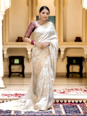 Saree with Unstitched Brocade Blouse in White
