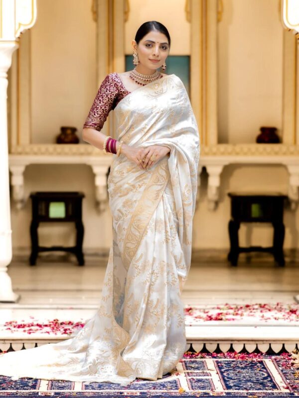 Saree with Unstitched Brocade Blouse in White