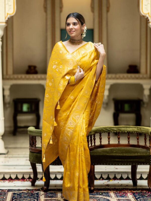Saree with Unstitched Brocade Blouse in Yellow 1