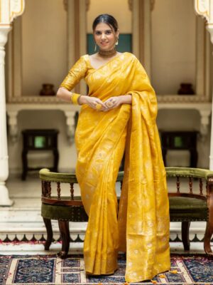 Saree with Unstitched Brocade Blouse in Yellow