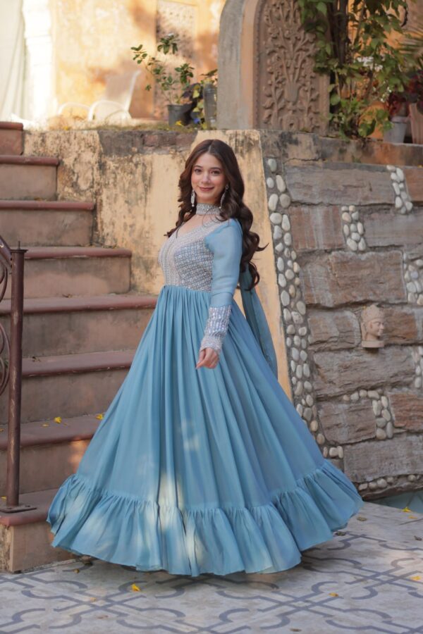 Sky Blue Embroidered Star Georgette Gown - Image 2
