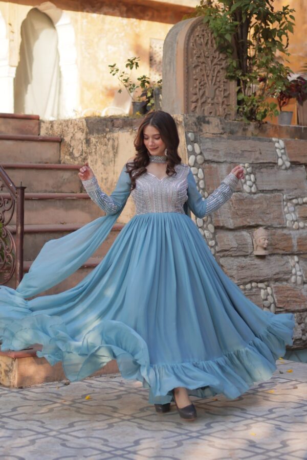 Sky Blue Embroidered Star Georgette Gown - Image 3